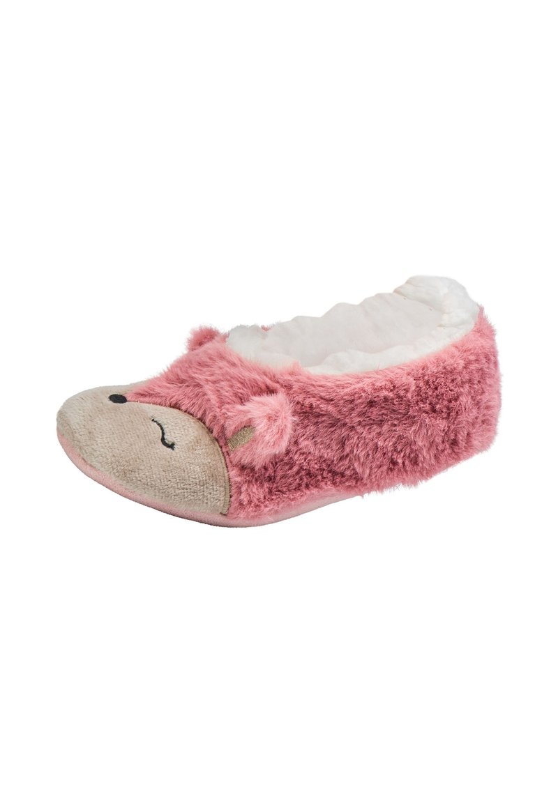 Pantofole di peluche rosa con un morbido esterno in pelliccia. Presentano un musetto di animale beige con piccole orecchie e un sorriso ricamato sulla punta. Fodera interna accogliente.