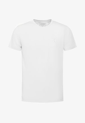 Valge puuvillane t-särk lühikeste varrukatega ja V-kaelusega. Vasakul rinnal on väike logoaplikatsioon. Sile tekstuur, lihtne disain.