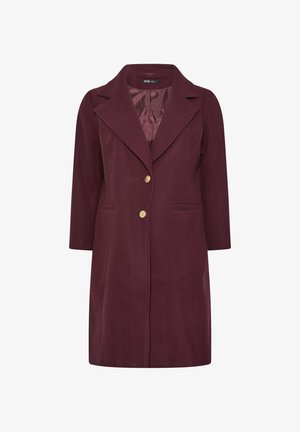 Manteau en mélange de laine bordeaux avec un col en V, des manches trois-quarts, deux poches latérales et des boutons dorés. Doublure intérieure lisse.