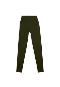 Leggings verde oliva a vita alta realizzati in materiale elasticizzato, con una texture liscia e un piccolo logo sulla cintura.