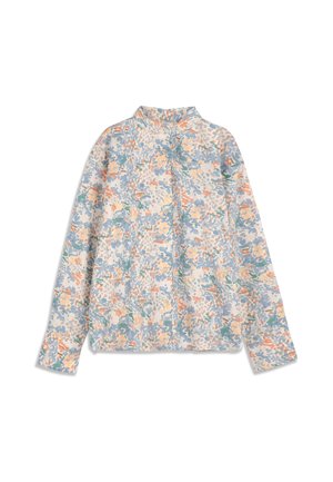 Langärmeliges Hemd zum Knöpfen mit pastellfarbenem abstraktem Blumenmuster in Hellblau, Pfirsich, Grün und Grautönen auf weißem Hintergrund.
