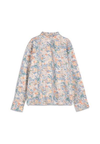 Chemise à manches longues boutonnée avec un motif floral abstrait pastel dans des tons bleu clair, pêche, vert et gris sur fond blanc.