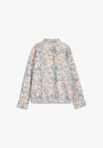 Chemise à manches longues boutonnée avec un motif floral abstrait pastel dans des tons bleu clair, pêche, vert et gris sur fond blanc.
