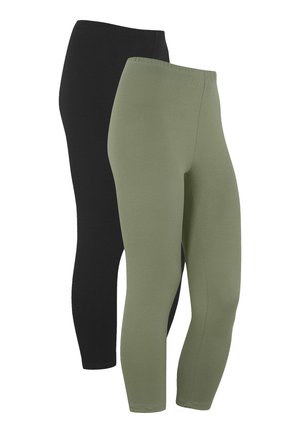 Dwie pary legginsów: jedne czarne i jedne oliwkowe. Wykonane z miękkiego, elastycznego materiału z elastycznym pasem i gładkim wykończeniem.