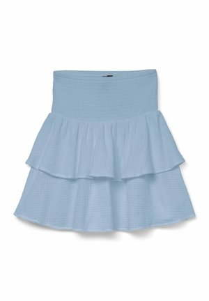 Jupe à volants bleu clair avec taille smockée élastique et un design à volants superposés, réalisée en tissu léger texturé.