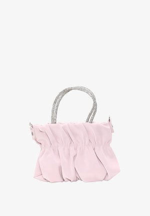 Lyserød stof håndtaske med plisseret design, sølvfarvede perle-håndtag og lynlåslukning. Blød tekstur og kompakt, rektangulær form.