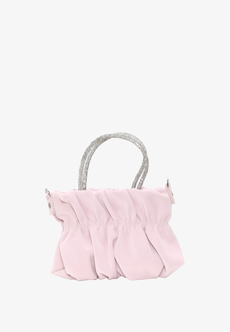Lyserød stof håndtaske med plisseret design, sølvfarvede perle-håndtag og lynlåslukning. Blød tekstur og kompakt, rektangulær form.