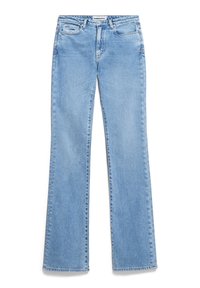 Jean bleu clair taille haute à jambes droites, avec poches avant, passants de ceinture, braguette zippée et étiquette de marque visible à la taille.