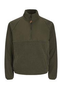 Olive-green fleece pullover with a half-zip collar, front pocket, and contrasting textured panels on shoulders. Soft, warm material.