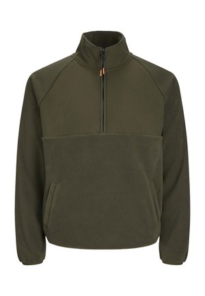 Olivengrønt fleece-pullover med halv-zip krave, frontlomme og kontrasterende teksturerede paneler på skuldrene. Blødt, varmt materiale.