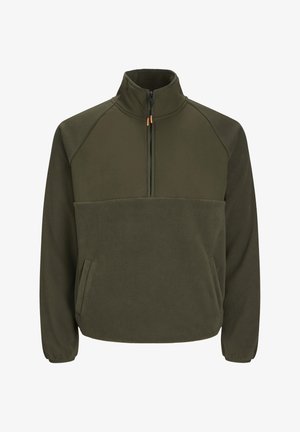 Olive-green fleece pullover with a half-zip collar, front pocket, and contrasting textured panels on shoulders. Soft, warm material.