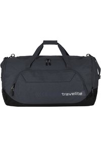 Graue Reisetasche aus Duffel mit schwarzem Boden, ausgestattet mit zwei oberen Griffen, Reißverschlüssen und einem Logo. Strukturiertes Gewebe mit einem eleganten Design.