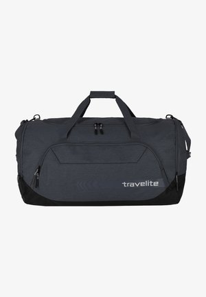 Bolsa de viaje de lona gris con fondo negro, cuenta con doble asa superior, cremalleras y un logotipo. Tejido texturizado con un diseño elegante.