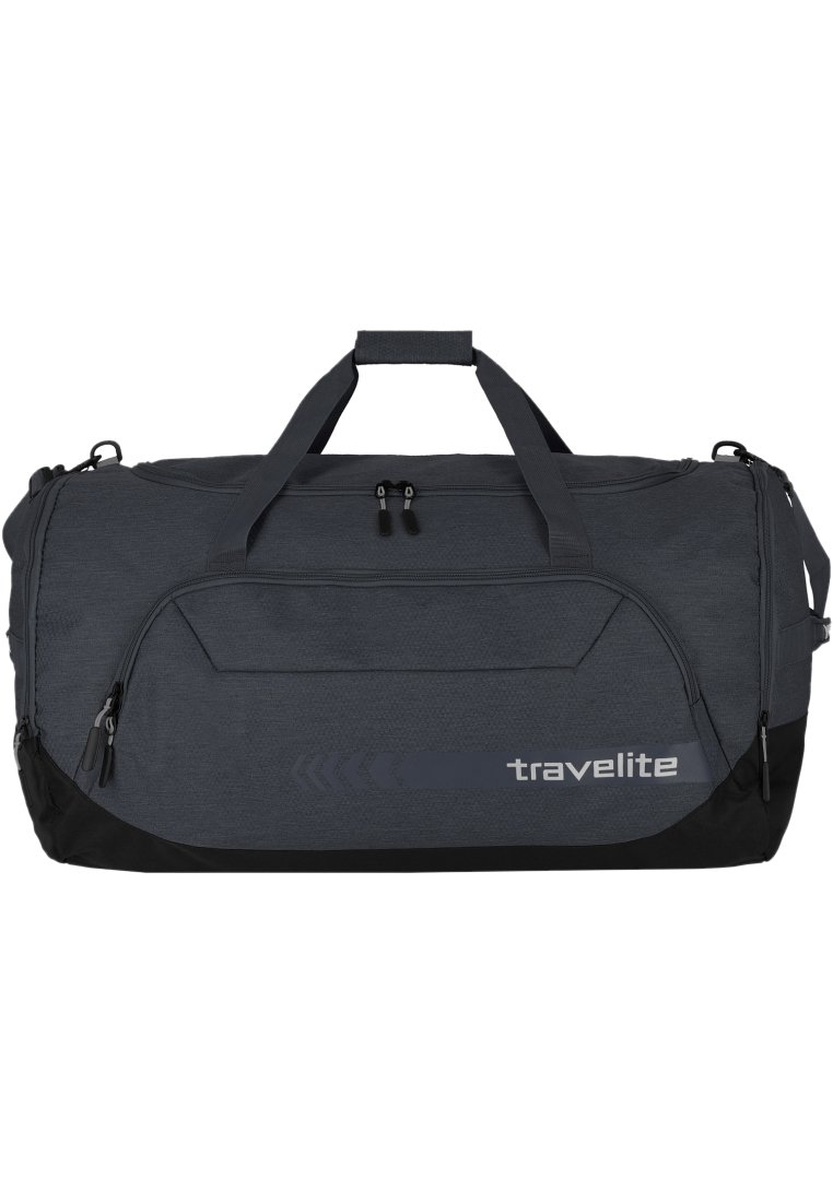 Graue Reisetasche aus Duffel mit schwarzem Boden, ausgestattet mit zwei oberen Griffen, Reißverschlüssen und einem Logo. Strukturiertes Gewebe mit einem eleganten Design.