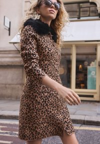Robe imprimée léopard avec une base marron et un motif noir ; texture douce ; manches longues ; col en fausse fourrure ; ornée de boutons dorés ; longueur genou, légèrement évasée.