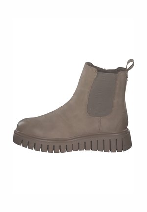 Bottine en cuir marron avec des panneaux latéraux élastiques texturés, bout arrondi et semelle en caoutchouc striée. Comprend une languette à l'arrière.