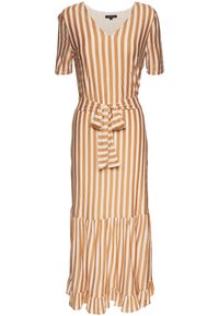 Sukienka w paski w odcieniach beżu i musztardy, z dekoltem w kształcie litery V, krótkimi rękawami, paskiem w talii i falbaną na dole. Wykonana z miękkiego materiału.
