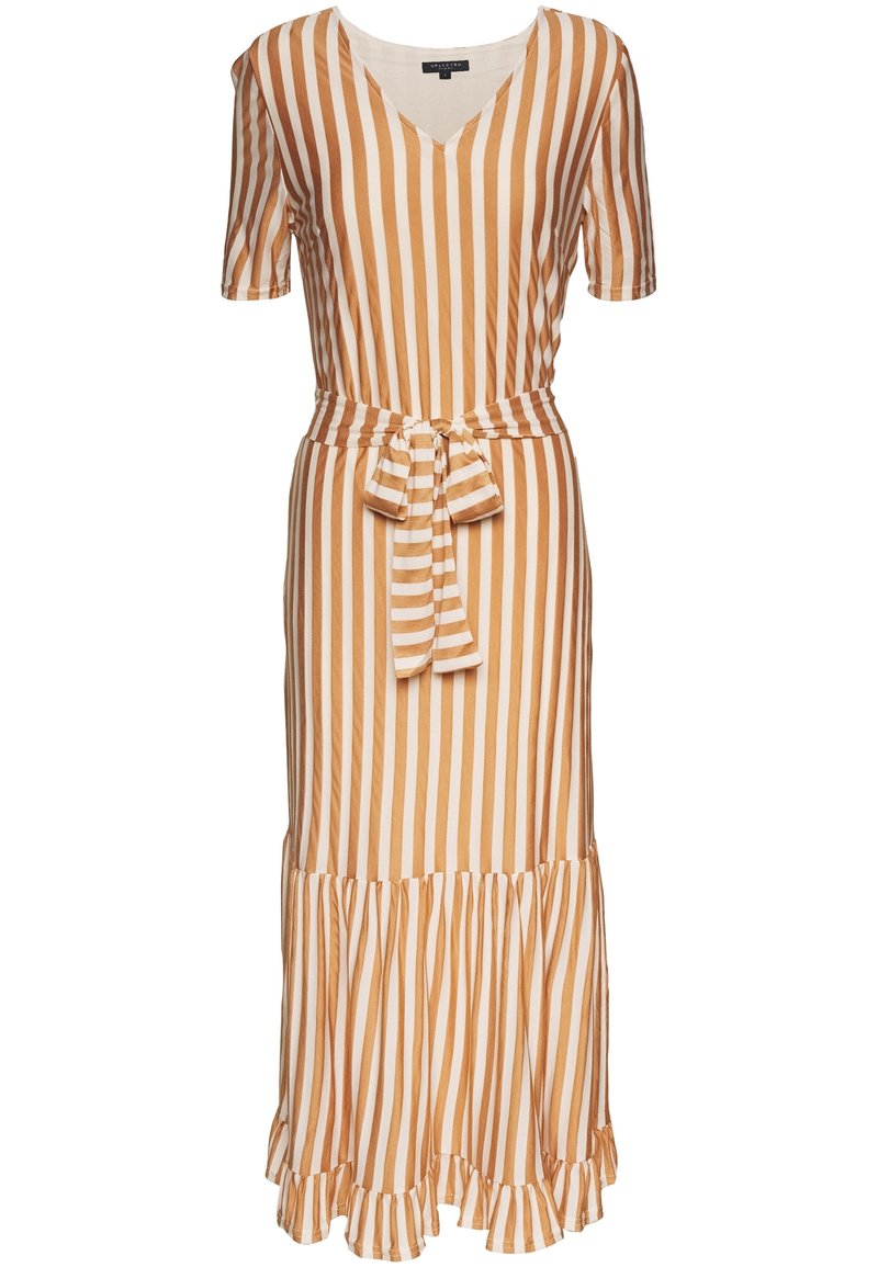 Sukienka w paski w odcieniach beżu i musztardy, z dekoltem w kształcie litery V, krótkimi rękawami, paskiem w talii i falbaną na dole. Wykonana z miękkiego materiału.