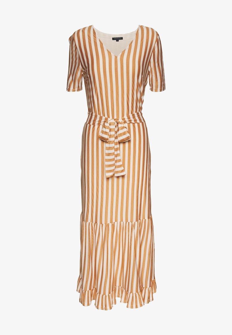 Sukienka w paski w odcieniach beżu i musztardy, z dekoltem w kształcie litery V, krótkimi rękawami, paskiem w talii i falbaną na dole. Wykonana z miękkiego materiału.