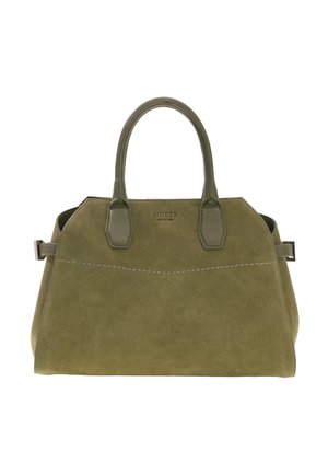 Handtas van olijfgroen suède met dubbele leren handvaten, details met zijgespen en het "GUESS Collection" logo geperst in het midden voorop.
