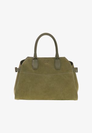 Sac à main en daim vert olive avec deux poignées en cuir, détails de boucles sur les côtés et logo "GUESS Collection" embossé au centre avant.