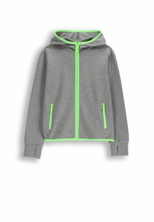 Szara bluza z kapturem i zamkiem błyskawicznym, z jaskrawozielonym zamkiem, zamkami w kieszeniach i lamówką, z otworami na kciuki na mankietach.
