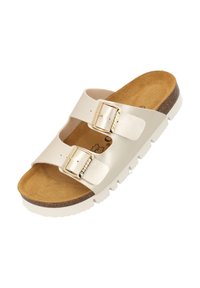 Sandalo scivolato in pelle beige chiaro con due fibbie dorate regolabili, una soletta strutturata e un sottopiede in sughero marrone a contrasto con suola bianca.