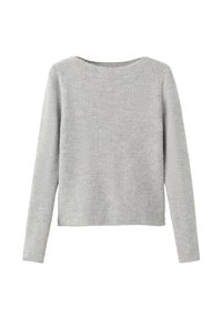 Suéter gris de manga larga con textura acanalada y escote redondeado. El diseño es simple, con un corte recto y corto, sin herrajes visibles.