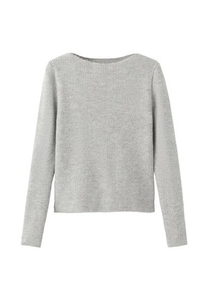 Suéter gris de manga larga con textura acanalada y escote redondeado. El diseño es simple, con un corte recto y corto, sin herrajes visibles.