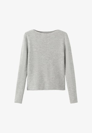 Maglione grigio a maniche lunghe con texture a coste e scollatura rotonda. Il design è semplice, con un taglio dritto e corto e senza hardware visibile.