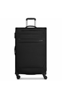Black luggage with a textured fabric exterior, a retractable handle, dual wheels, and a front zipper pocket for easy access.