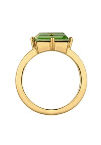 Gold ring featuring an octagonal green gemstone with vertical stripes, set with four prongs. Smooth band with a polished finish.