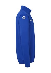 Blauwe fleecestof jas met een hoge kraag, geribde manchetten en geborduurd logo op de linkerschouder. Soepele textuur, casual pasvorm.