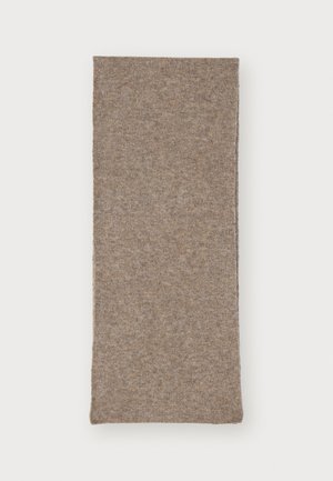 Cachecol de malha castanho, de forma retangular, com tecido texturizado, aparência suave, com variações sutis de cor por toda a peça.