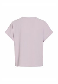 Lillāks īsām piedurknēm top, brīvas formas,apaļš kakla izgriezums, teksturēta auduma, tīra apmale, nav redzamu aizdaru vai akcentu. Vienkārša aizmugures skats.