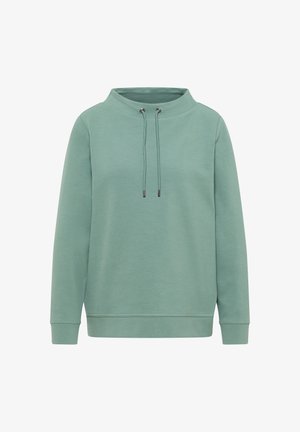 Hellgrüner Pullover mit hohem Kragen und verstellbaren Kordeln, aus strukturiertem Stoff, mit langen Ärmeln und lockerer Passform.