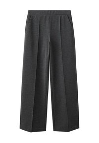 Pantaloni a gamba larga in tessuto grigio scuro, con piega frontale sartoriale, tasche laterali e cintura elasticizzata per il comfort.