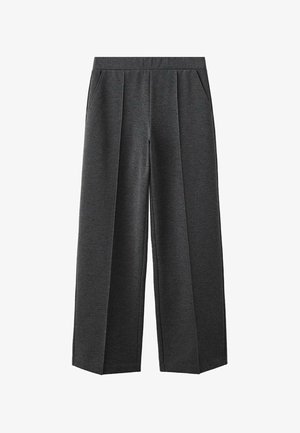 Wijd uitlopende broek in donkergrijze stof, met een getailleerde plooi aan de voorkant, zijzakken en een elastische tailleband voor comfort.