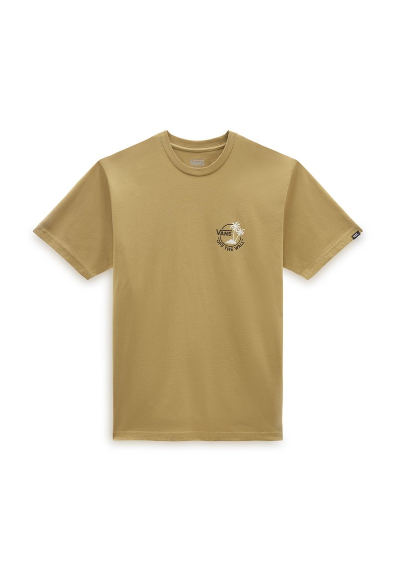 Tan korte mouw t-shirt van katoen. Beschikt over een kleine palmboomgrafiek en "VANS"-tekst op de linkerborst. Rondhals, ontspannen pasvorm.