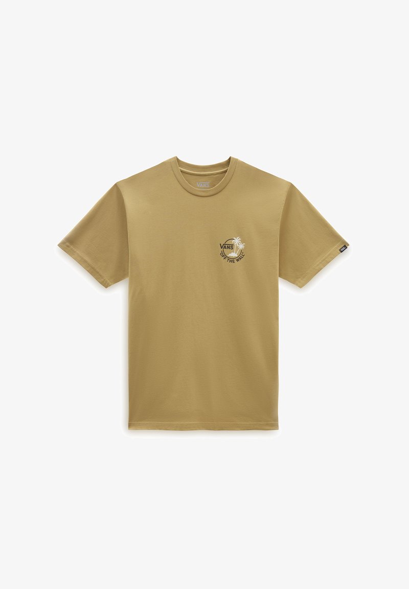 Tan short-sleeve t-shirt made of cotton. Features a small palm tree graphic and "VANS" text on the left chest. Crew neckline, relaxed fit.