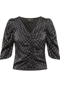 Schwarze Satin-Bluse mit V-Ausschnitt, gerafftem Vorderteil und kurzen Puffärmeln. Sie hat ein sich wiederholendes silbernes Muster.