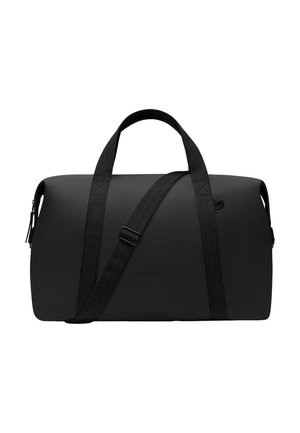 Black duffel bag made of smooth, durable material. Features double handles and an adjustable shoulder strap. Simple, modern design.