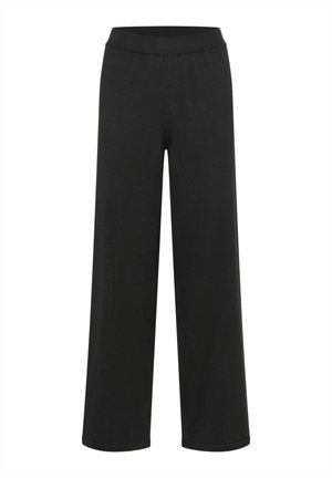 Pantaloni neri a gamba larga con fascia elastica in vita, realizzati in tessuto morbido. Presentano una superficie liscia e nessun motivo o accessorio visibile.
