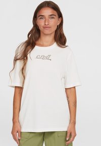 White cotton T-shirt with relaxed fit, short sleeves, and a brown "O'Neill" logo in cursive across the chest.