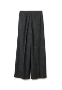 Grijze wijde broek gemaakt van textuurstof, met een platte voorkant en kreukdetails, voorzien van een tailleband voor een getailleerde pasvorm.
