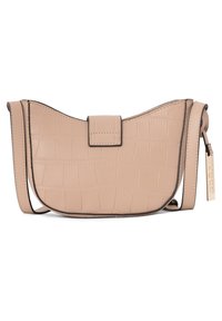 Borsa a mano beige chiaro con texture in coccodrillo, bordi arrotondati, tracolla removibile e chiusura a pattina. Presenta dettagli di cucitura sottili.