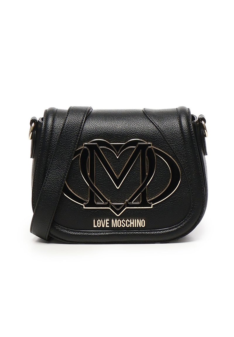 Borsa a tracolla in pelle nera con logo a forma di cuore dorato "M" e testo "LOVE MOSCHINO" sulla pattina anteriore.