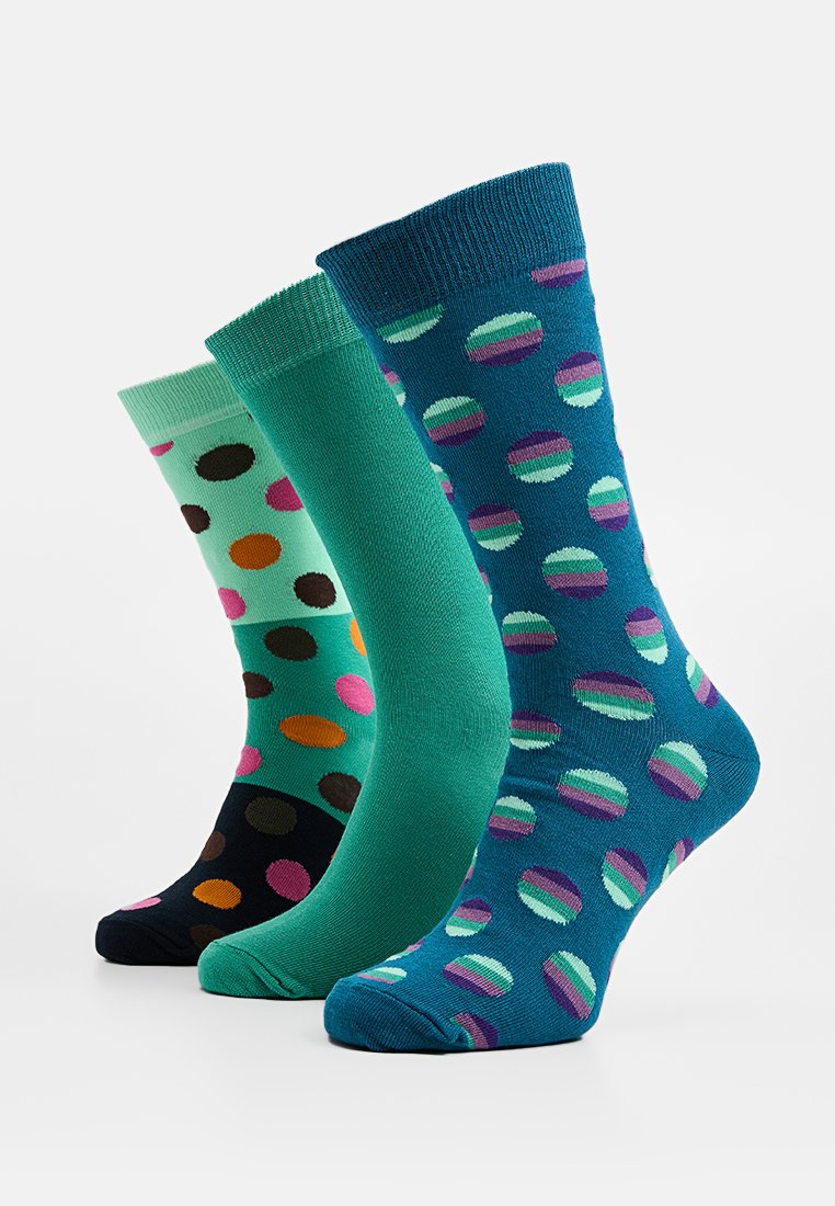 Trzy pary skarpetek: jasna zieleń w kolorowe kropki, jednolity tiulowy oraz tiulowy w wielokolorowe paski w kształcie okręgów. Mieszanka bawełny, wysokość do połowy łydki.
