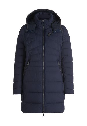 Navy-Steppjacke mit Reißverschluss vorne, Kapuze, schrägen Seitentaschen und einem gesteppten Muster zur Isolierung. Glatte Textur, mittellange Länge bis zur Mitte des Oberschenkels.