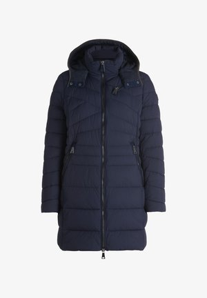 Navy-Steppjacke mit Reißverschluss vorne, Kapuze, schrägen Seitentaschen und einem gesteppten Muster zur Isolierung. Glatte Textur, mittellange Länge bis zur Mitte des Oberschenkels.